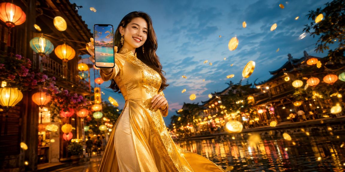Người phụ nữ mặc áo dài theo dõi sự kiện thể thao qua điện thoại tại Hà Nội